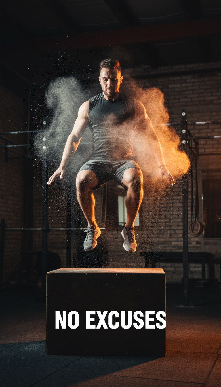 AI-generated gym post: athlete mid box-jump with caption No Excuses