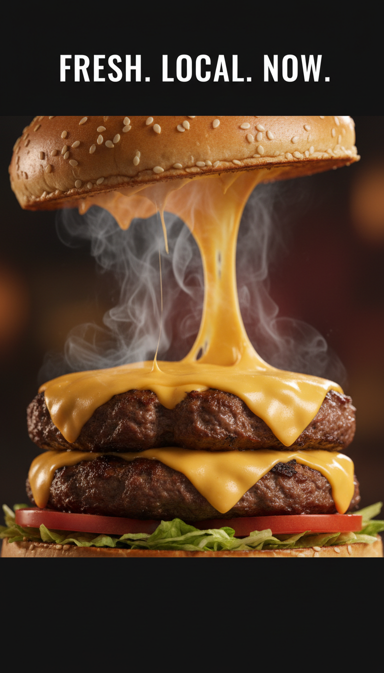 AI-generated restaurant post: juicy double smash burger with caption Fresh Local Now